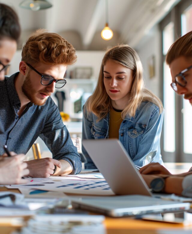 A group of young professionals working on a project in a minimalist office